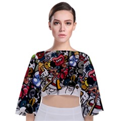 Mural Graffiti Paint Tie Back Butterfly Sleeve Chiffon Top by Salman4z