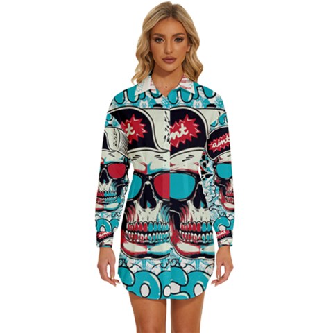 That Cool Graffiti Skull Womens Long Sleeve Shirt Dress by Salman4z