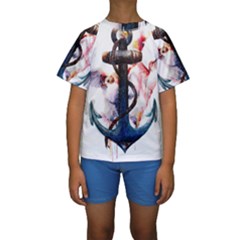 Anchor Watercolor Painting Tattoo Art Anchors And Birds Kids  Short Sleeve Swimwear by Salman4z
