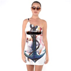 Anchor Watercolor Painting Tattoo Art Anchors And Birds One Shoulder Ring Trim Bodycon Dress by Salman4z