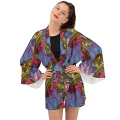 Purple Red And Green Flowers Digital Wallpaper Patterns Ornament Long Sleeve Kimono by Salman4z