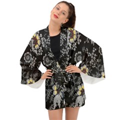 White And Yellow Floral And Paisley Illustration Background Long Sleeve Kimono by Salman4z