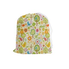 Nature Doodle Art Trees Birds Owl Children Pattern Multi Colored Drawstring Pouch (large) by Salman4z