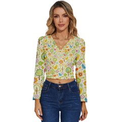 Nature Doodle Art Trees Birds Owl Children Pattern Multi Colored Long Sleeve V-neck Top by Salman4z