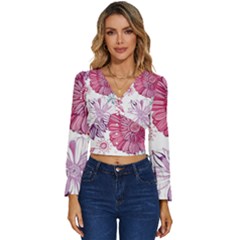 Red And Pink Flowers Vector Art Asters Patterns Backgrounds Long Sleeve V-neck Top by Salman4z