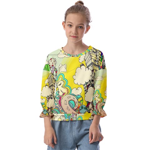 Doodle Wallpaper Artistic Surreal Kids  Cuff Sleeve Top by Salman4z