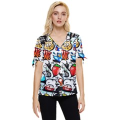 Graffiti Art Cartoon Comic Bow Sleeve Button Up Top by Salman4z