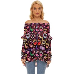 Funny Monster Mouths Off Shoulder Chiffon Pocket Shirt by Salman4z