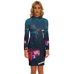 Cityscape Digital Art Long Sleeve Shirt Collar Bodycon Dress by Salman4z