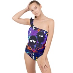 Rick And Morty In Outer Space Frilly One Shoulder Swimsuit by Salman4z