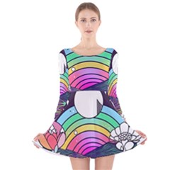 Rainbow Fun Cute Minimal Doodle Drawing Art Long Sleeve Velvet Skater Dress by Jancukart