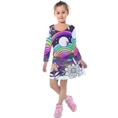Rainbow Fun Cute Minimal Doodle Drawing Art Kids  Long Sleeve Velvet Dress by Jancukart