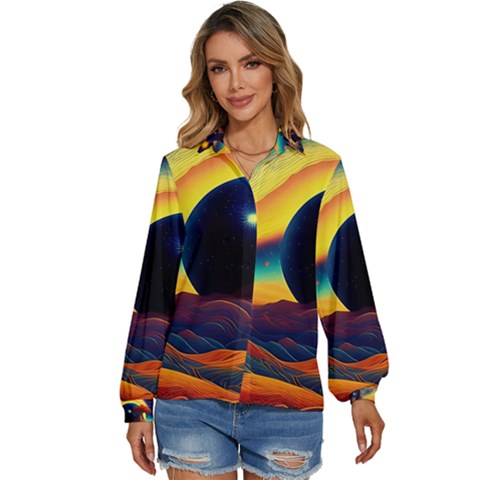 Surrealist Fantasy Dream Nature Women s Long Sleeve Button Down Shirt by Jancukart