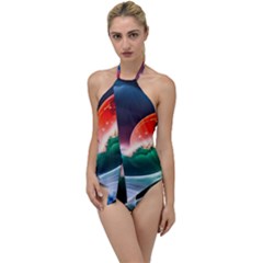 Sea Ocean Waves Rocks Sunset Artwork Go With The Flow One Piece Swimsuit by Jancukart