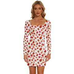 Watercolor Strawberry Long Sleeve Square Neck Bodycon Velvet Dress by SychEva