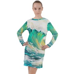 Waves Ocean Sea Tsunami Nautical 90 Long Sleeve Hoodie Dress by Jancukart