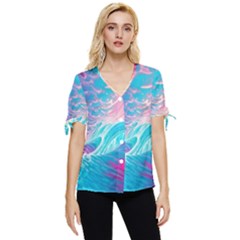Tsunami Waves Ocean Sea Nautical Nature Water 6 Bow Sleeve Button Up Top by Jancukart