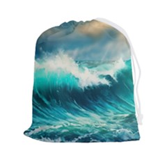 Waves Ocean Sea Tsunami Nautical Blue Drawstring Pouch (2xl) by Jancukart