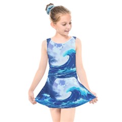 Waves Ocean Sea Tsunami Nautical 7 Kids  Skater Dress Swimsuit by Jancukart