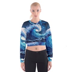 Tsunami Waves Ocean Sea Nautical Nature Water Moon Cropped Sweatshirt by Jancukart