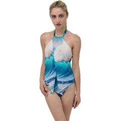 Tsunami Waves Ocean Sea Nautical Nature Water Art Ai Generated Go With The Flow One Piece Swimsuit by Jancukart