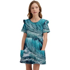 Tsunami Waves Ocean Sea Nautical Nature Water Blue Black Kids  Frilly Sleeves Pocket Dress by Jancukart