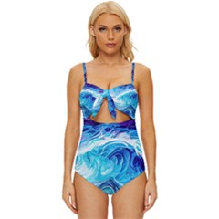 Tsunami Waves Ocean Sea Nautical Nature Abstract Blue Water Knot Front One-piece Swimsuit by Jancukart