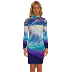 Waves Ocean Sea Tsunami Nautical Nature Water Long Sleeve Shirt Collar Bodycon Dress by Jancukart