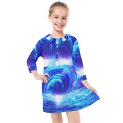 Tsunami Waves Ocean Sea Nautical Nature Water Art Work Kids  Quarter Sleeve Shirt Dress by Jancukart