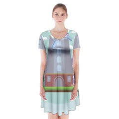 Amsterdam Landmark Landscape Short Sleeve V-neck Flare Dress by Sudheng