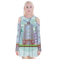 Amsterdam Landmark Landscape Velvet Long Sleeve Shoulder Cutout Dress by Sudheng