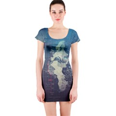 Vintage World Map Illustration Artwork Water Drop Digital Art Arts Short Sleeve Bodycon Dress by Sudheng