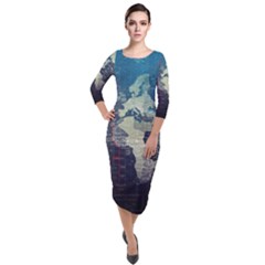 Vintage World Map Illustration Artwork Water Drop Digital Art Arts Quarter Sleeve Midi Velour Bodycon Dress by Sudheng