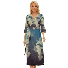 Vintage World Map Illustration Artwork Water Drop Digital Art Arts Midsummer Wrap Dress by Sudheng
