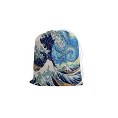 The Great Wave Of Kanagawa Painting Starry Night Van Gogh Drawstring Pouch (small) by Sudheng