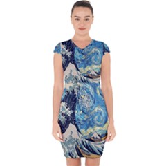 The Great Wave Of Kanagawa Painting Starry Night Van Gogh Capsleeve Drawstring Dress  by Sudheng