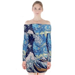 The Great Wave Of Kanagawa Painting Starry Night Van Gogh Long Sleeve Off Shoulder Dress by Sudheng