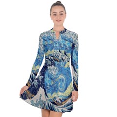 The Great Wave Of Kanagawa Painting Starry Night Van Gogh Long Sleeve Panel Dress by Sudheng