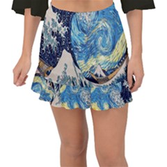 The Great Wave Of Kanagawa Painting Starry Night Van Gogh Fishtail Mini Chiffon Skirt by Sudheng