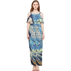 The Great Wave Of Kanagawa Painting Starry Night Van Gogh Draped Sleeveless Chiffon Jumpsuit by Sudheng