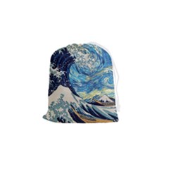 Starry Night Hokusai Van Gogh The Great Wave Off Kanagawa Drawstring Pouch (small) by Sudheng