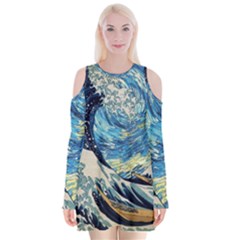Starry Night Hokusai Van Gogh The Great Wave Off Kanagawa Velvet Long Sleeve Shoulder Cutout Dress by Sudheng