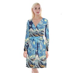 Starry Night Hokusai Van Gogh The Great Wave Off Kanagawa Long Sleeve Velvet Front Wrap Dress by Sudheng