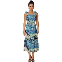 Starry Night Hokusai Van Gogh The Great Wave Off Kanagawa Tie-strap Tiered Midi Chiffon Dress by Sudheng