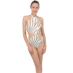 Brown Zebra Vibes Animal Print  Halter Side Cut Swimsuit by ConteMonfrey