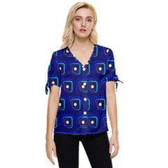 Blue Neon Squares - Modern Abstract Bow Sleeve Button Up Top by ConteMonfrey