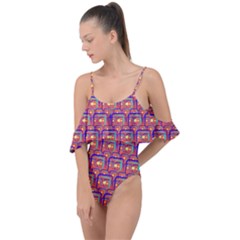 Pink Yellow Neon Squares - Modern Abstract Drape Piece Swimsuit by ConteMonfrey