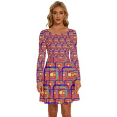 Pink Yellow Neon Squares - Modern Abstract Long Sleeve Wide Neck Velvet Dress by ConteMonfrey