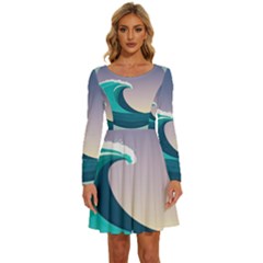 Tsunami Tidal Wave Wave Minimalist Ocean Sea 4 Long Sleeve Wide Neck Velvet Dress by Wegoenart