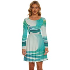 Tsunami Tidal Wave Wave Minimalist Ocean Sea 2 Long Sleeve Wide Neck Velvet Dress by Wegoenart